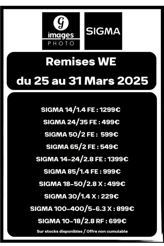 De superbes remises sur une sélection d'objectifs SIGMA chez Germain PhotoRemises valables du 25 au 31 Mars 2025