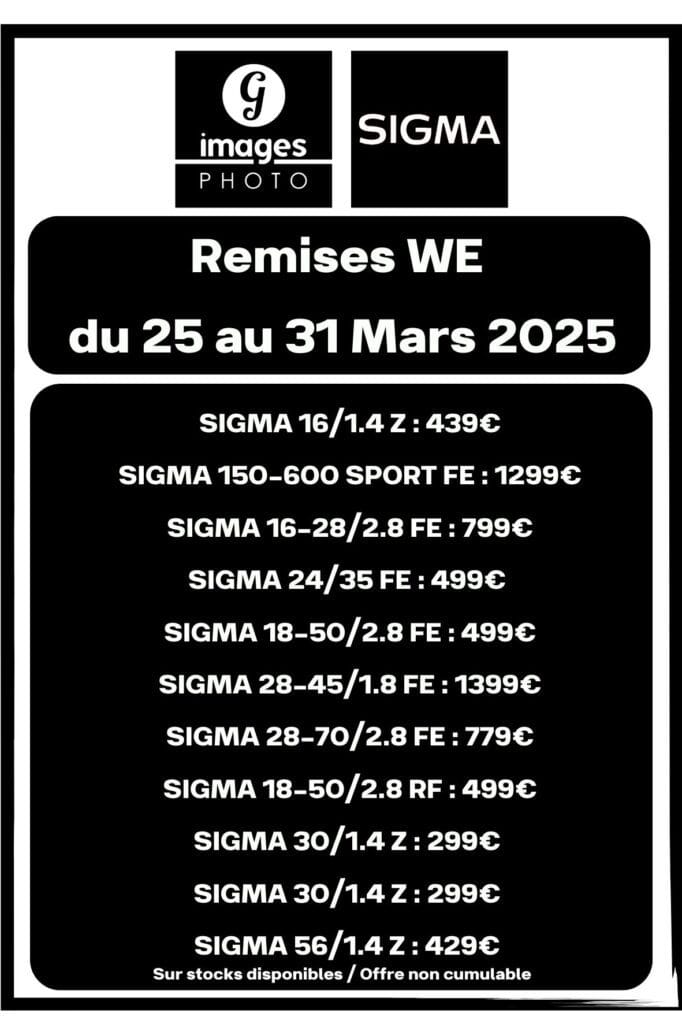 De superbes remises sur une sélection d'objectifs SIGMA chez Germain PhotoRemises valables du 25 au 31 Mars 2025